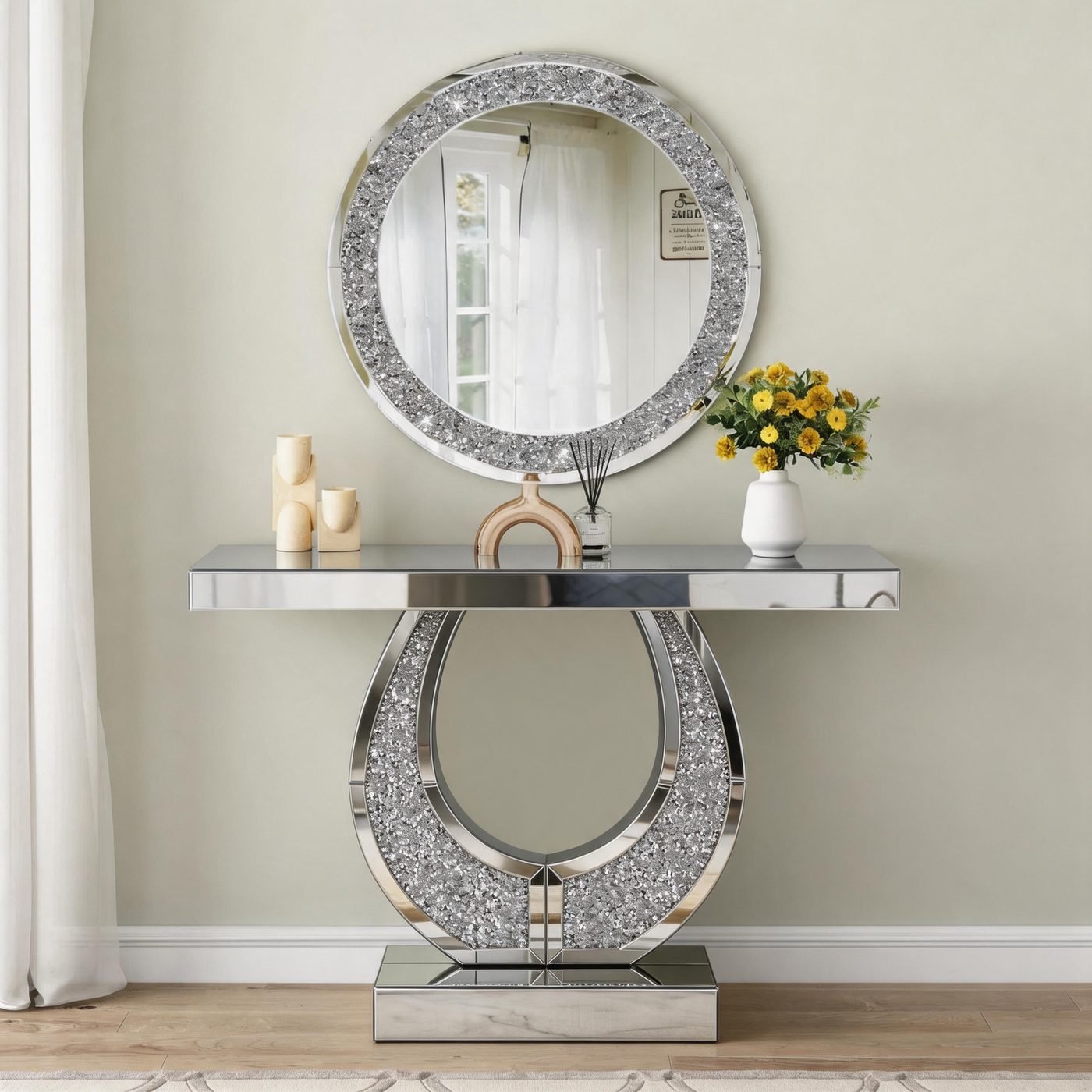 Mirrored Console Table with Crushed Diamond Inlaid in