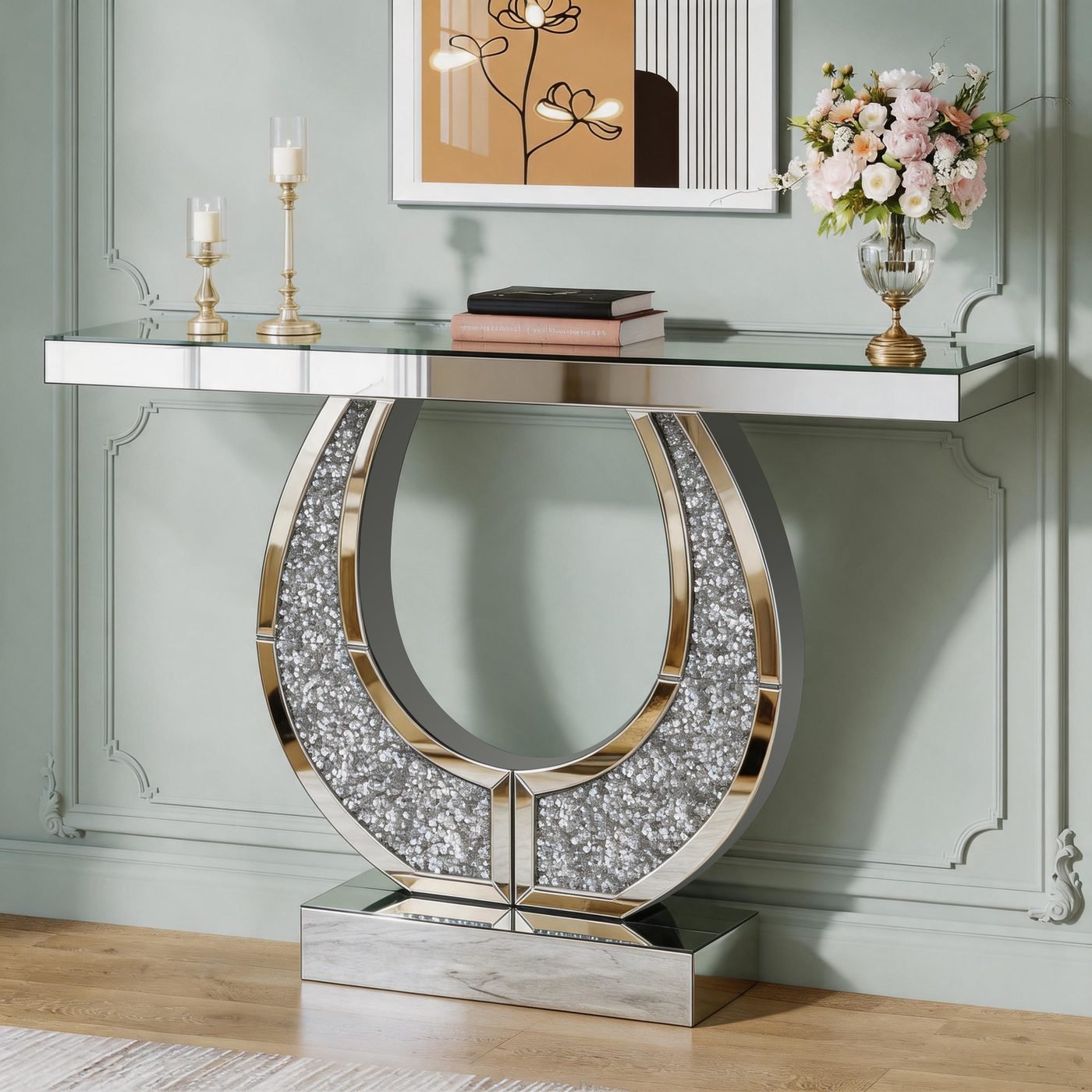 Mirrored Console Table with Crushed Diamond Inlaid in