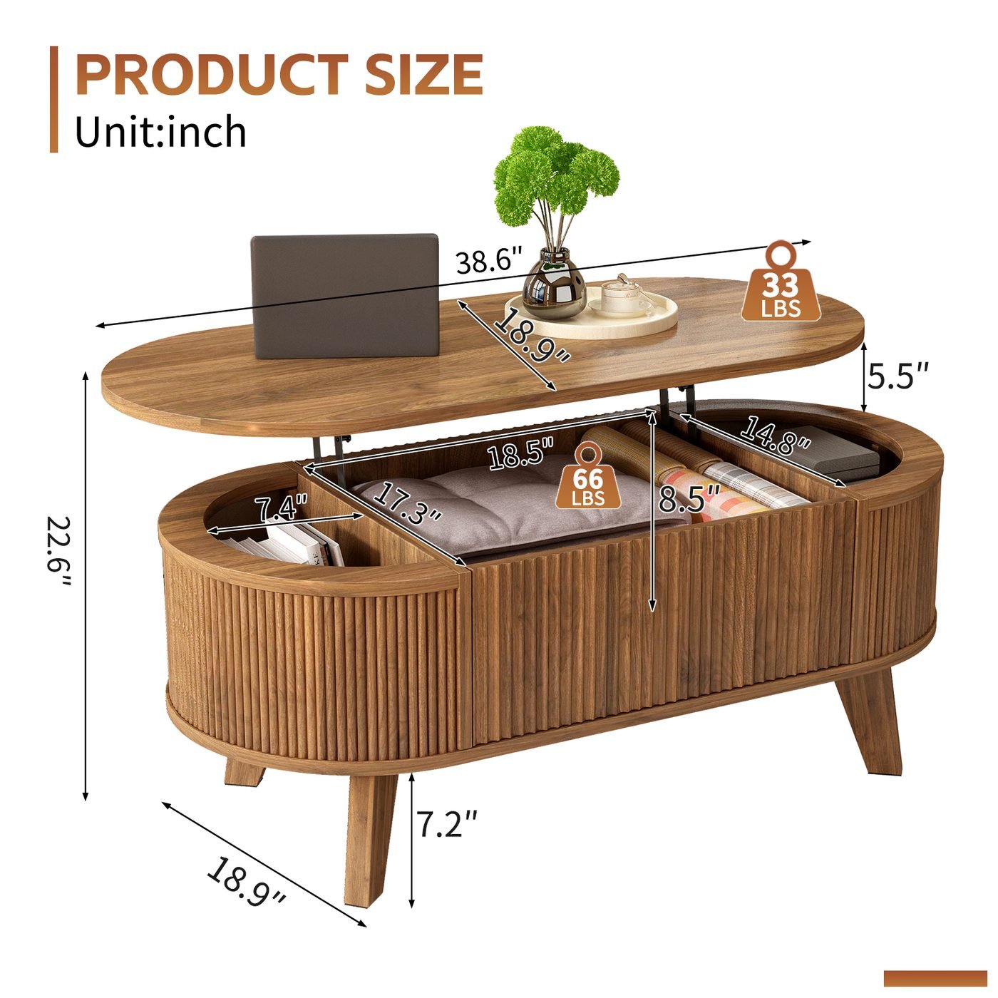 Fluted Lift Top Coffee Table with Storage