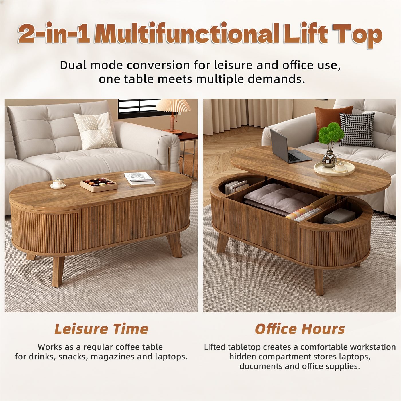 Fluted Lift Top Coffee Table with Storage