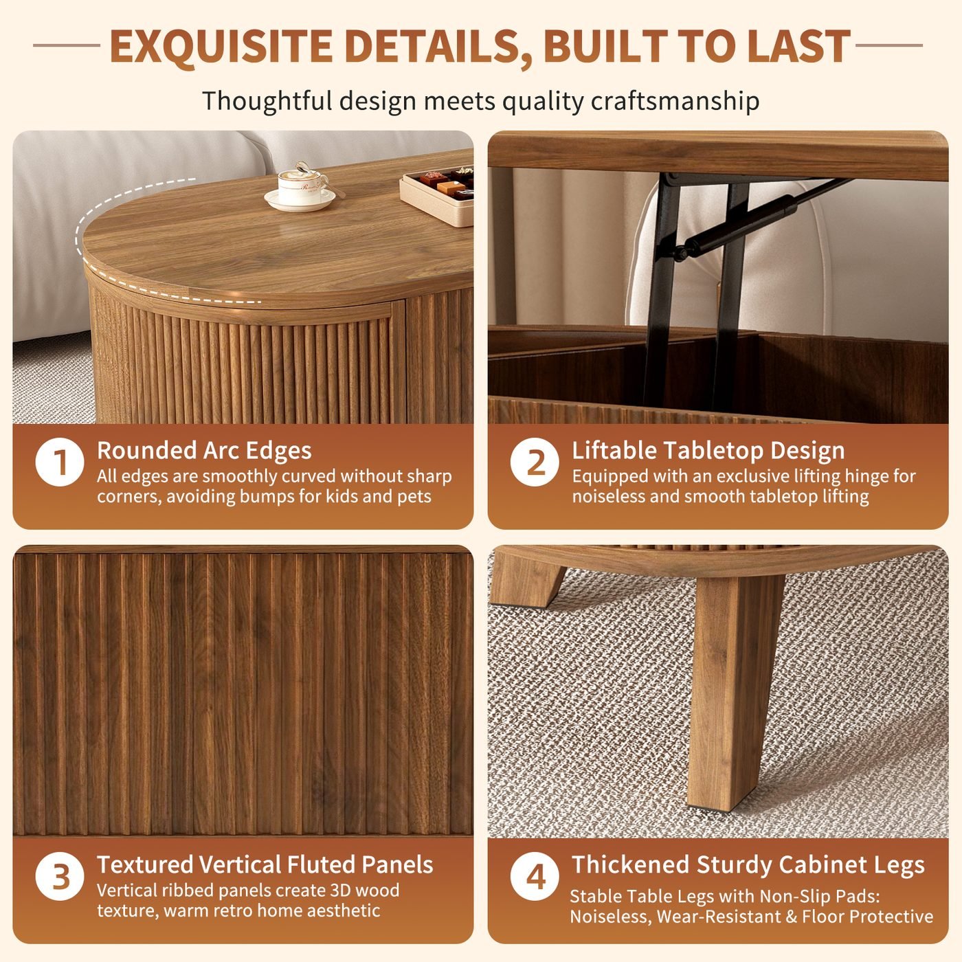 Fluted Lift Top Coffee Table with Storage