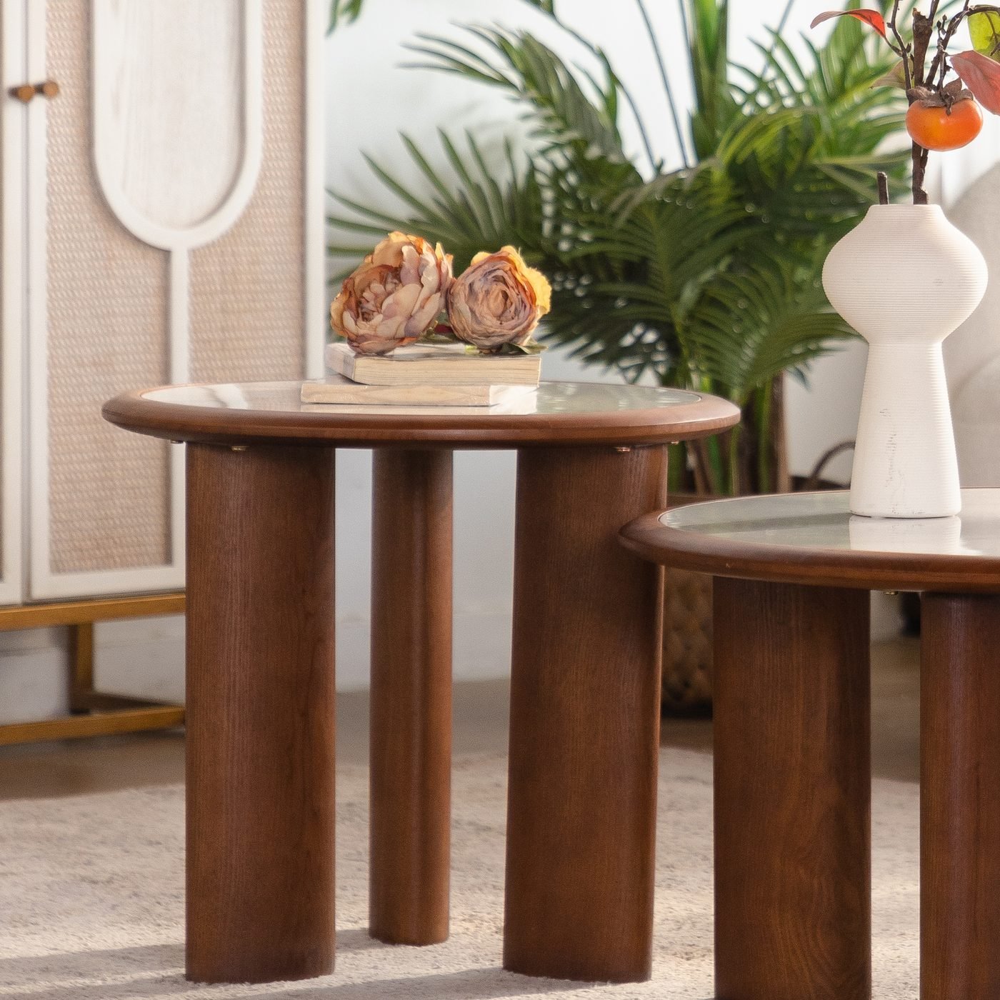 Round Sintered Stone Coffee Table with Solid Wood Rim