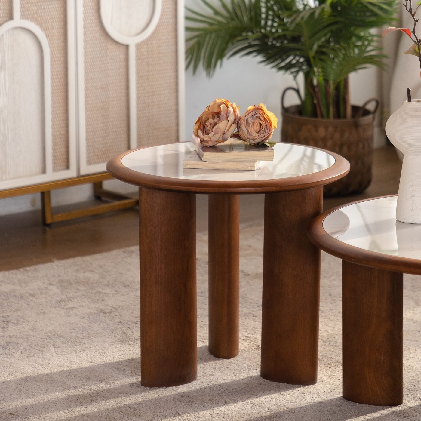 Round Sintered Stone Coffee Table with Solid Wood Rim