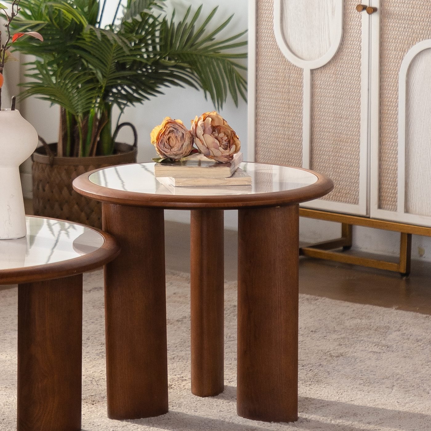 Round Sintered Stone Coffee Table with Solid Wood Rim