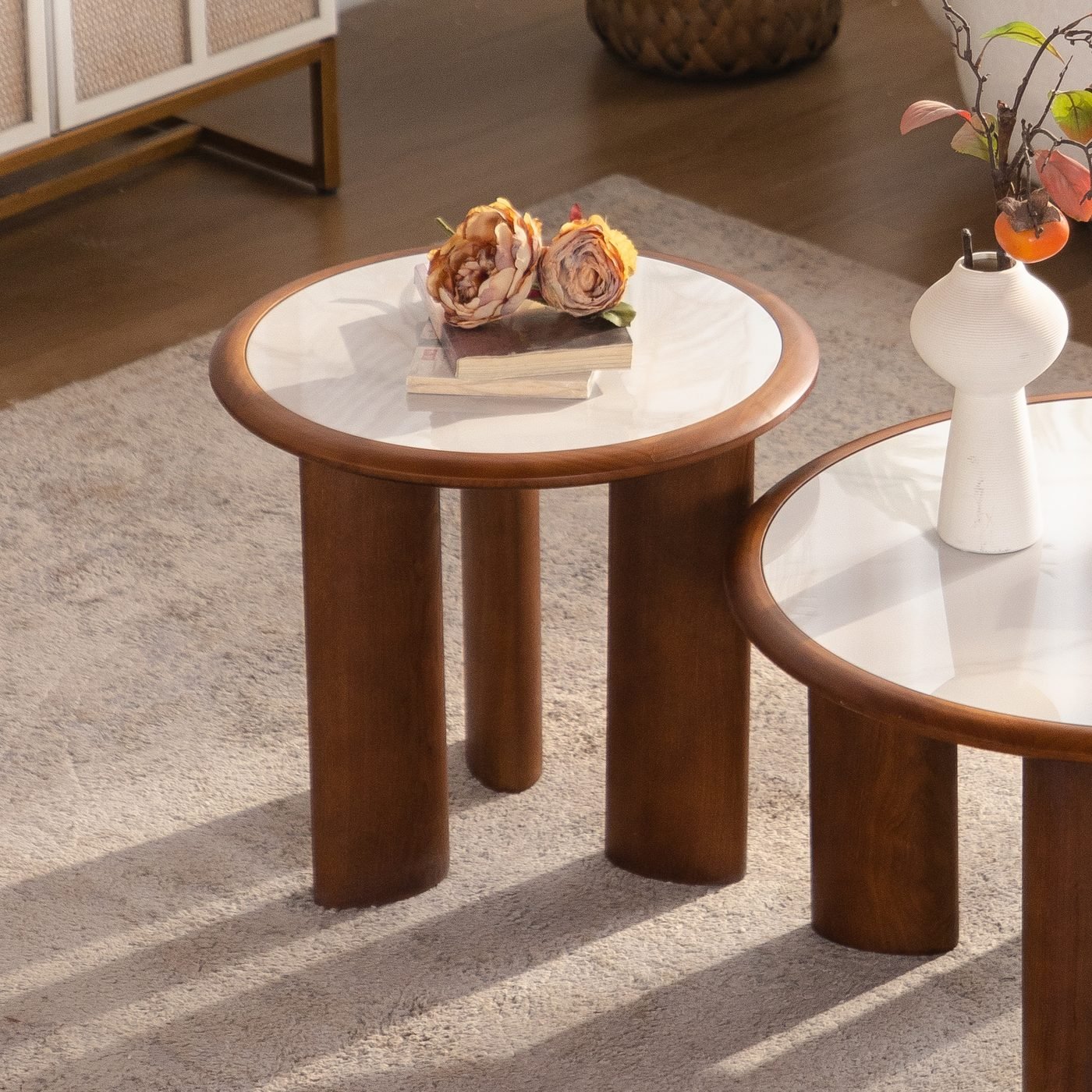 Round Sintered Stone Coffee Table with Solid Wood Rim