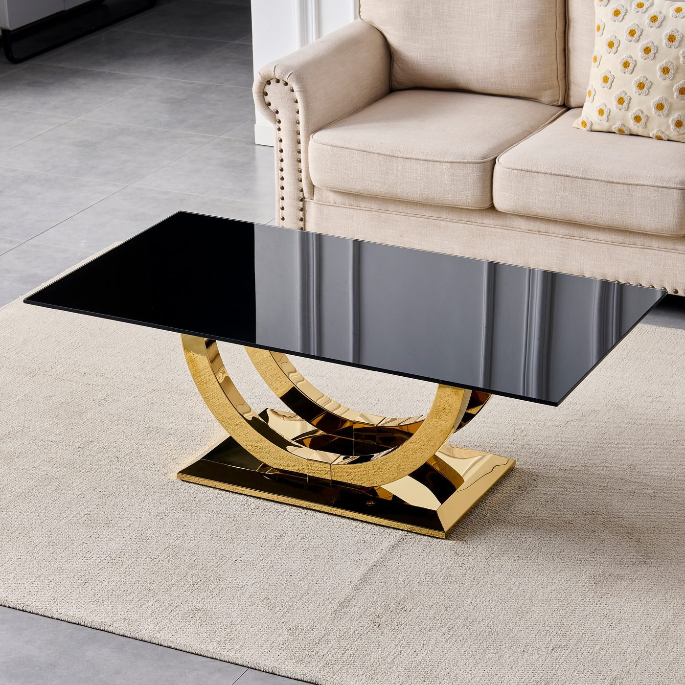 Modern Rectangular Coffee Table With Black Tempered Glass