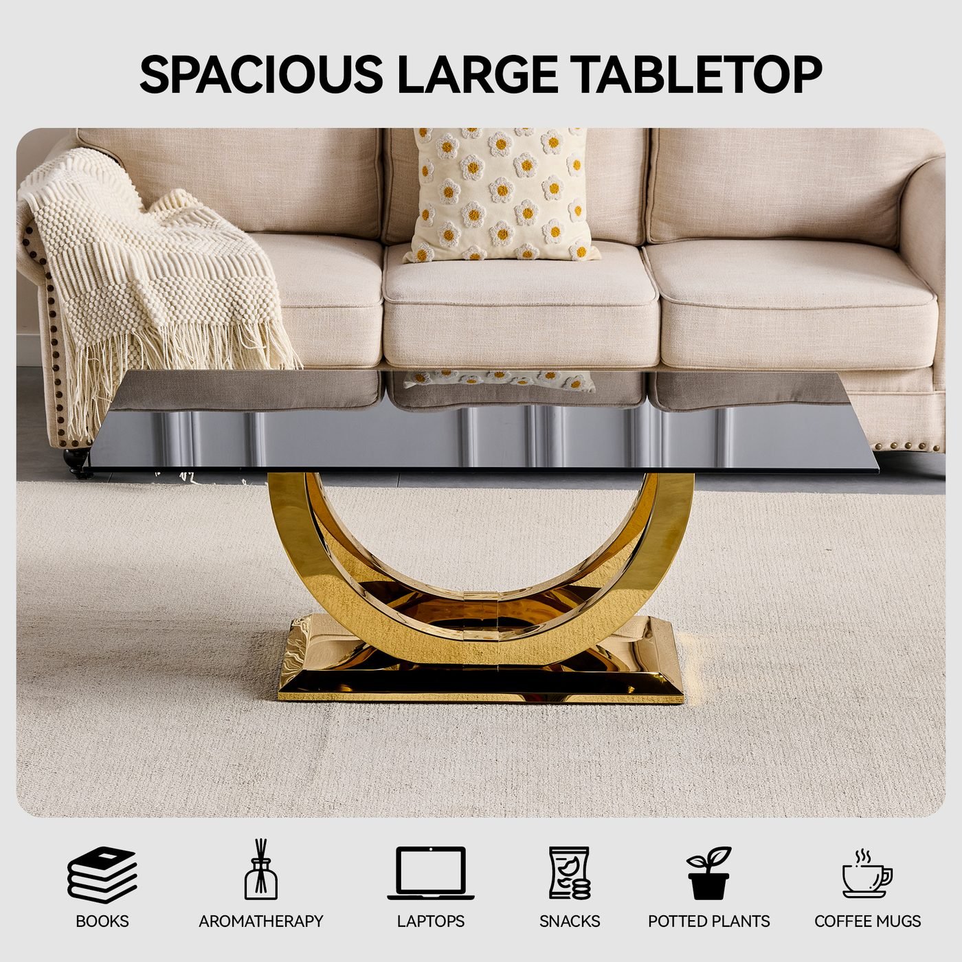 Modern Rectangular Coffee Table With Black Tempered Glass