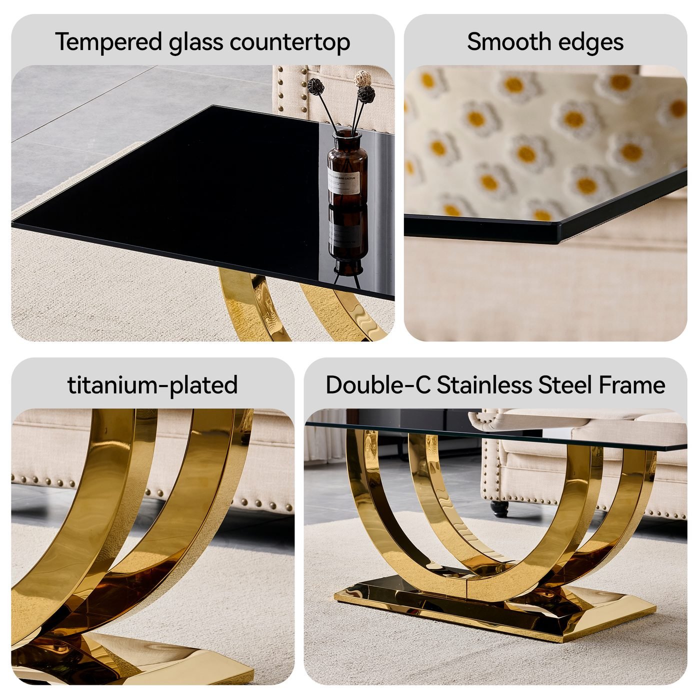 Modern Rectangular Coffee Table With Black Tempered Glass